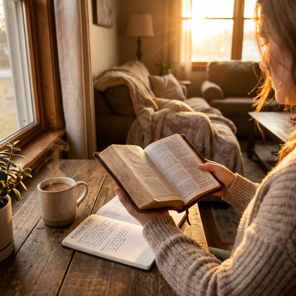 Person reading Bible in morning light with coffee creating effective reading plan