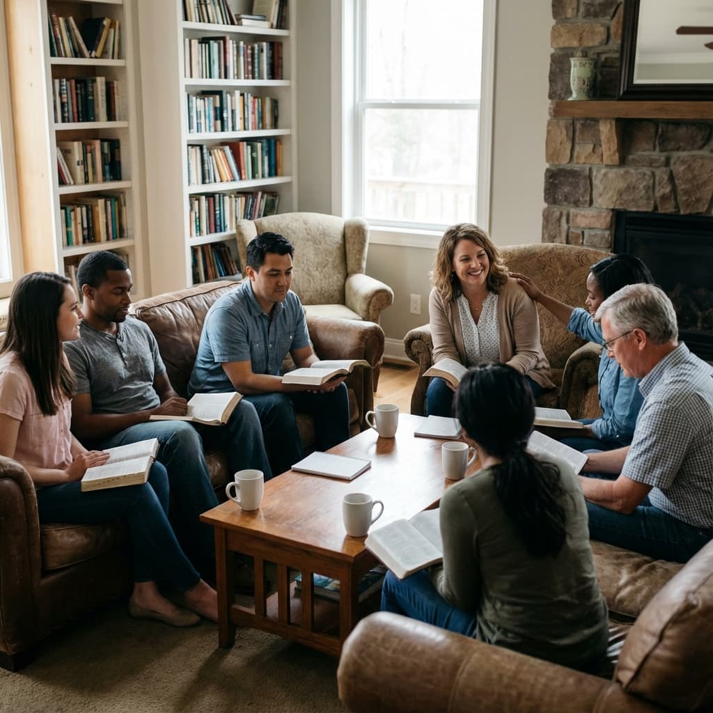 Small group Bible study showing accountability and community