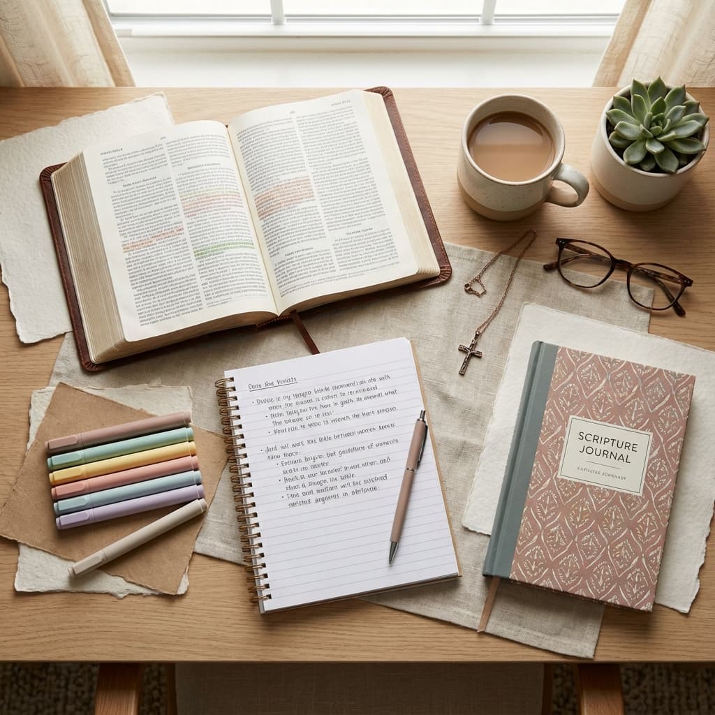 Bible study tools including notebook, highlighters, and scripture journal